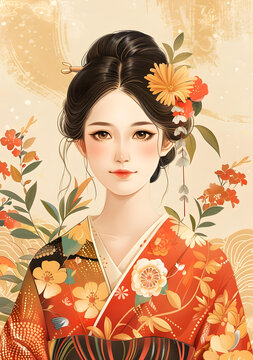 身穿和服、頭戴鮮花的美麗日本女性