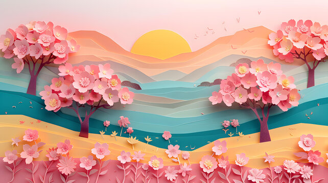 粉色剪紙櫻花風(fēng)景