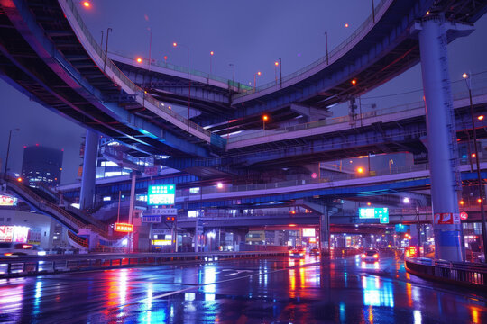 雨夜城市高速公路立交橋