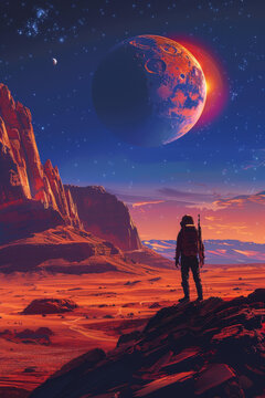 宇航員凝視遙遠(yuǎn)星球上的日落和繁星