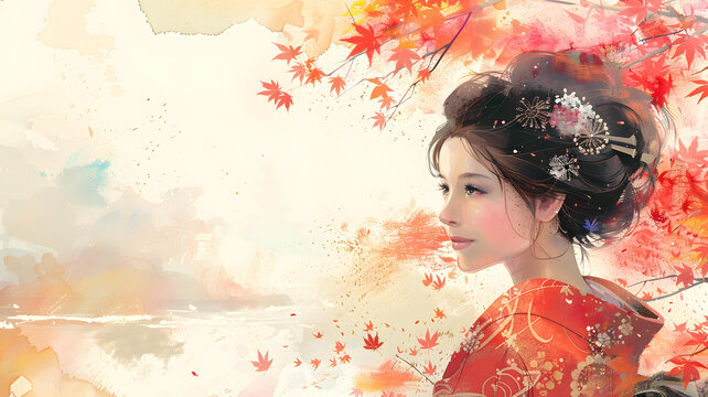 身穿紅色和服的美麗日本女子站在一片紅楓葉林中。
