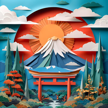 富士山剪紙藝術(shù)風(fēng)景