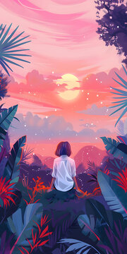 女孩坐在熱帶森林中，夕陽西下