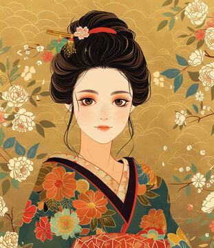 身著花卉圖案?jìng)鹘y(tǒng)和服的美麗日本女性