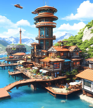 未來(lái)都市景觀：高聳的建筑與水邊建筑