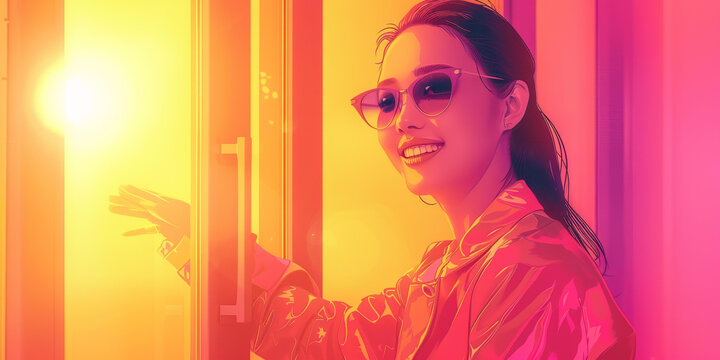 一個(gè)站在門(mén)前的年輕女子微笑著