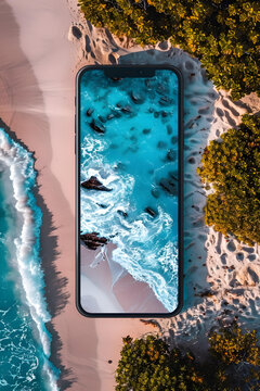 智能手機屏幕上的海灘海景