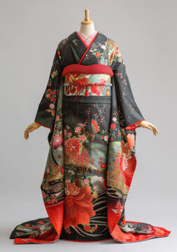 身穿黑色和服，手持紅色扇子的日本藝伎