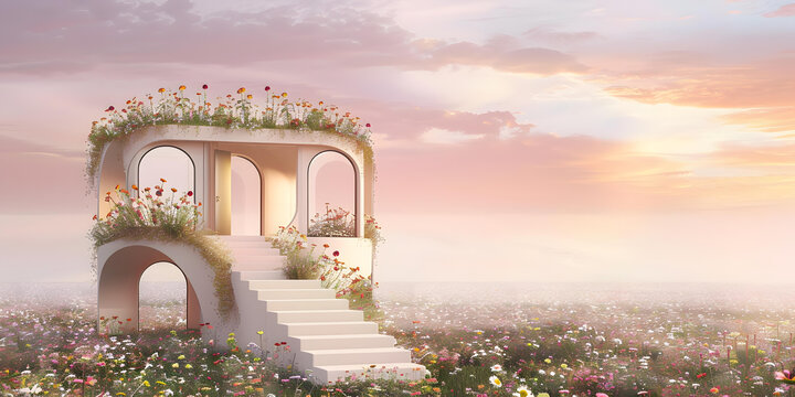 白色的石建筑，上面開(kāi)滿(mǎn)了花，建筑前有樓梯