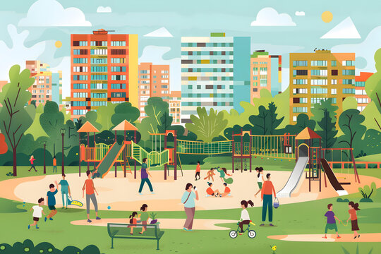 城市公園游樂場，兒童和成人玩耍