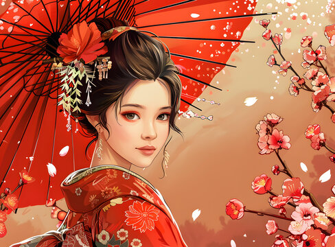 身穿紅色和服手持紅色雨傘的美麗日本女性