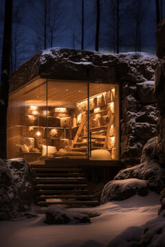 巖石山坡上的迷人冬季小屋