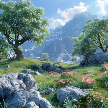 奇幻風(fēng)景與山川巖石樹木和鮮花
