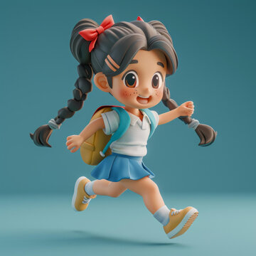 可愛的小學(xué)生背著書包奔跑