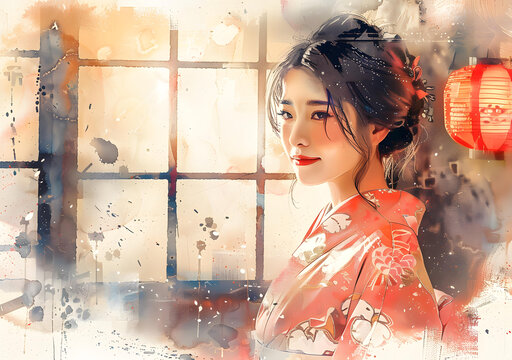 一個(gè)身穿和服的亞洲女子站在窗前。