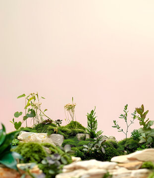 粉色背景上的綠色苔蘚和巖石