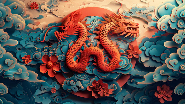 紅藍(lán)剪紙龍和祥云