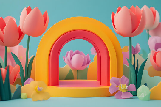 彩色彩虹拱門花卉3D背景