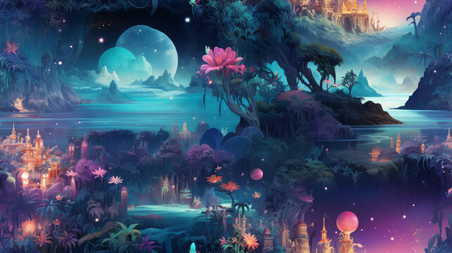 奇幻的風(fēng)景與漂浮的島嶼和生物發(fā)光植物