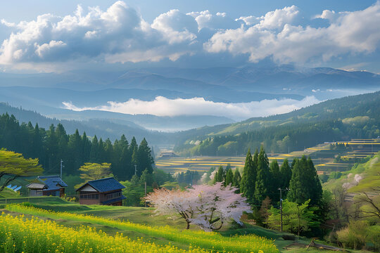日本梯田稻田的美麗景觀
