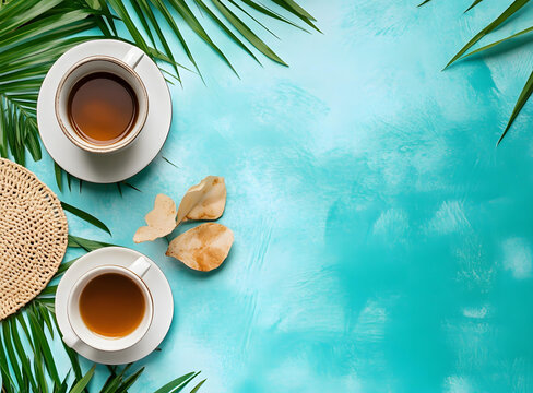 藍色背景上的兩杯茶和棕櫚葉平鋪
