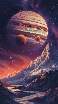壯麗的風(fēng)景畫山脈和一顆行星在空中