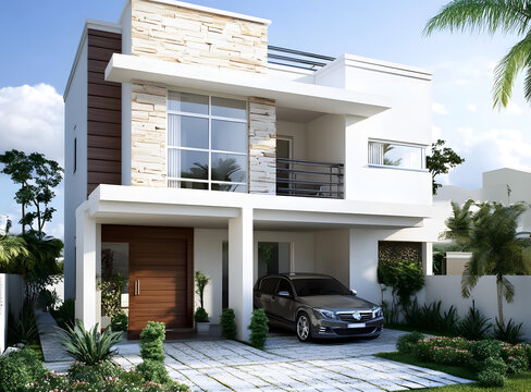 現(xiàn)代兩層帶車庫和景觀的住宅