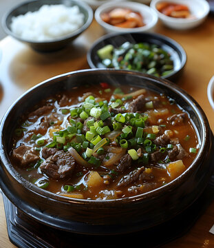 韓國(guó)牛肉燉菜配蔥和米飯