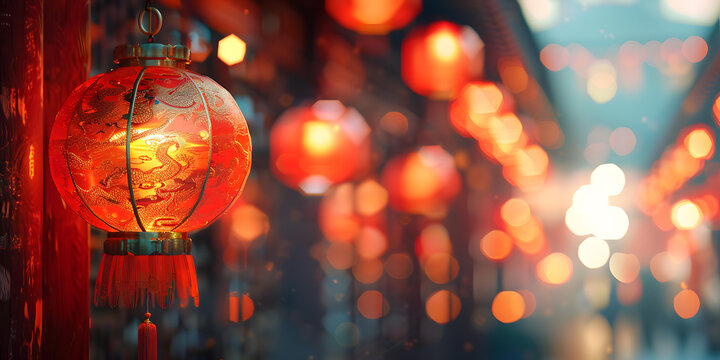 大紅燈籠高高掛起，烘托出節(jié)日的氣氛