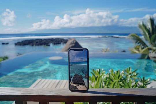手機上顯示的熱帶海灘景觀