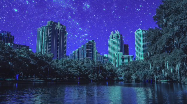 奧蘭多市中心天際線與湖泊的夜景