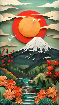 紙藝風(fēng)格富士山日出