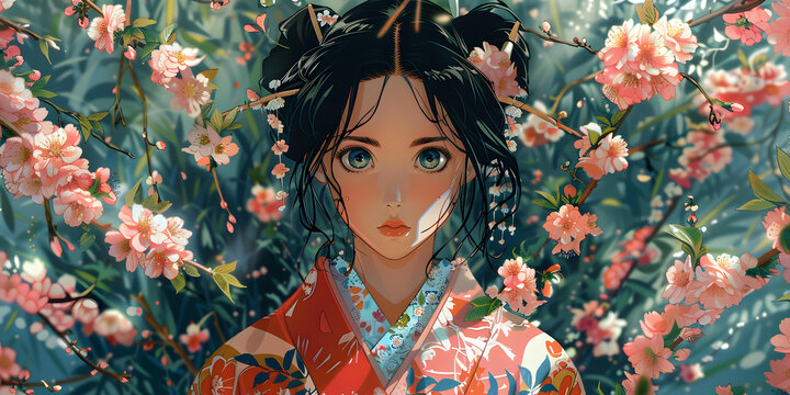 一個穿著和服的美麗亞洲女人的肖像，她有著藍色的眼睛和黑色的頭發(fā)，站在一片粉紅色的花海中