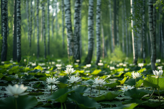 白樺林池塘白睡蓮