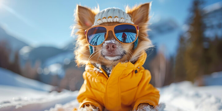 一只戴著墨鏡和冬衣蓬松的狗狗坐在雪地里