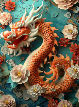 金色祥云龍與紙藝花卉