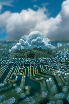 綠色計算和云技術(shù)的概念電路板上方的雨滴