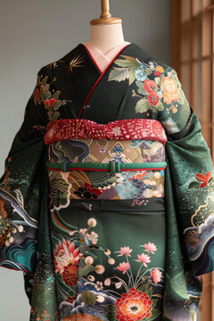 一件帶花卉圖案的和服和一條紅色腰帶
