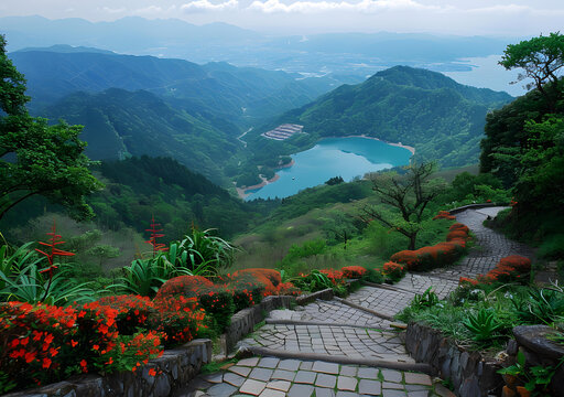 山頂俯瞰風(fēng)景，石板路通往湖泊