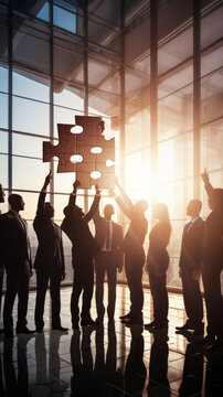 一群企業(yè)家在辦公室里手舉一塊大拼圖的剪影