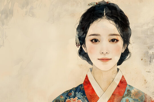 身穿韓國傳統(tǒng)服飾的年輕韓國女性肖像
