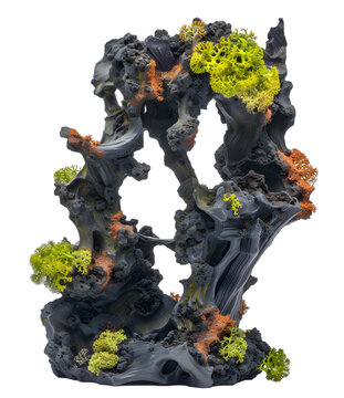 [免摳素材]抽象的火山巖雕塑，帶有綠色和橙色的苔蘚