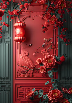 3D立體牡丹花雕刻背景圖