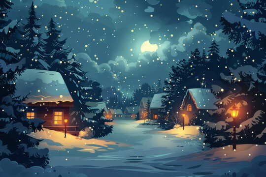 寧靜的冬夜雪景村莊