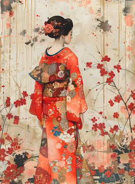 身著和服的日本女性與櫻花