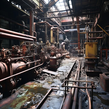 一座大型工業(yè)建筑里面有很多機器和管道