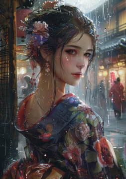 身穿和服的美麗亞洲女性肖像，她的頭發(fā)上裝飾著鮮花，臉上帶著一抹淺笑。