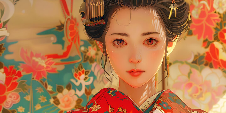身穿和服的美麗亞洲女性肖像