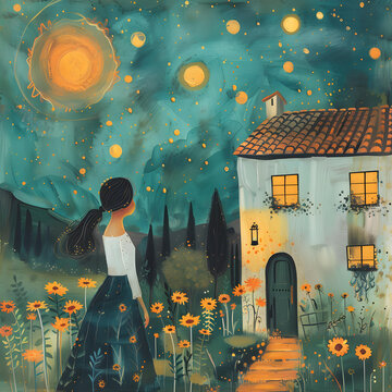 夜晚星空下，一位年輕女子走向房屋