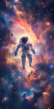 身穿白色宇航服的宇航員在浩瀚的宇宙中遨游